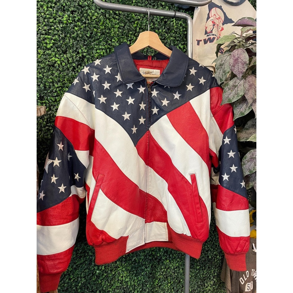 vtg 90s USA FLAG PATRIOTIC Leather Jacket // american flag Michael Hoban wheremi